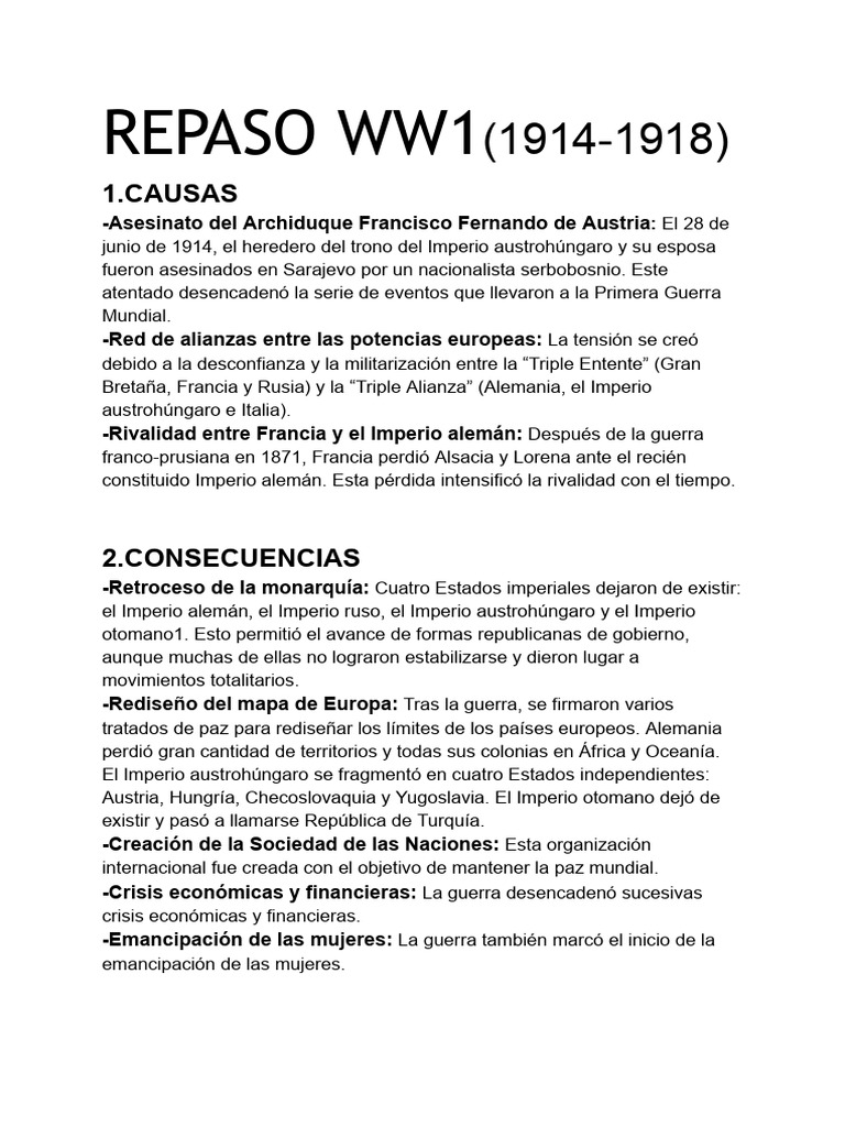 Causas y consecuencias de la WW1 | PDF | Austria Hungría | imperio Alemán
