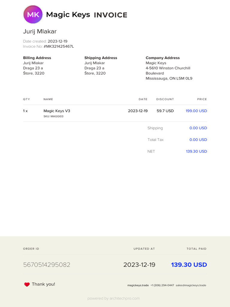 Invoice for Magic Keys Purchase | PDF