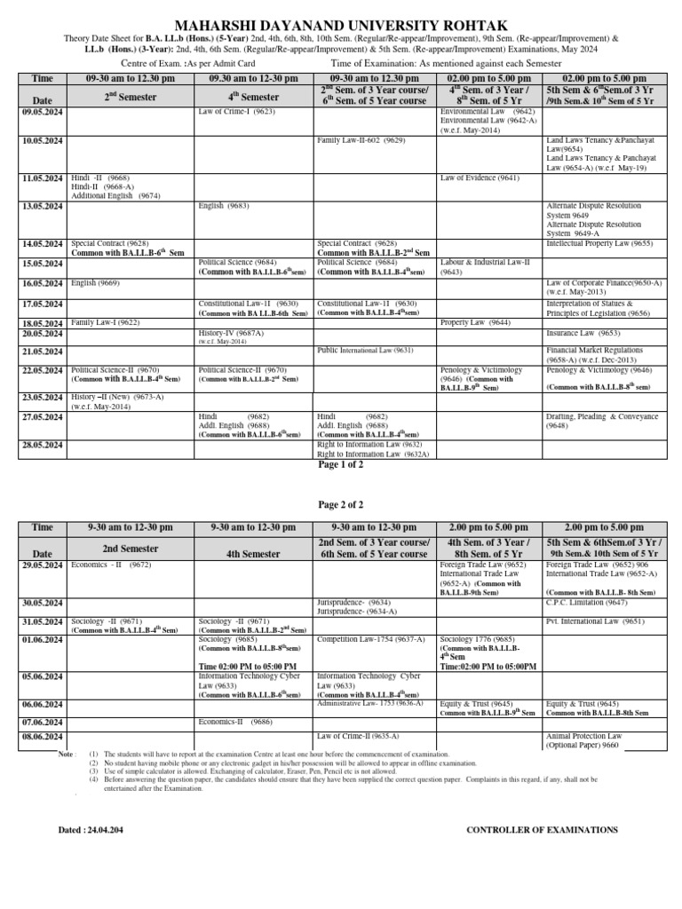 MDU Rohtak B.A. LL.B Exam Dates May 2024 | PDF | Justice | Crime & Violence