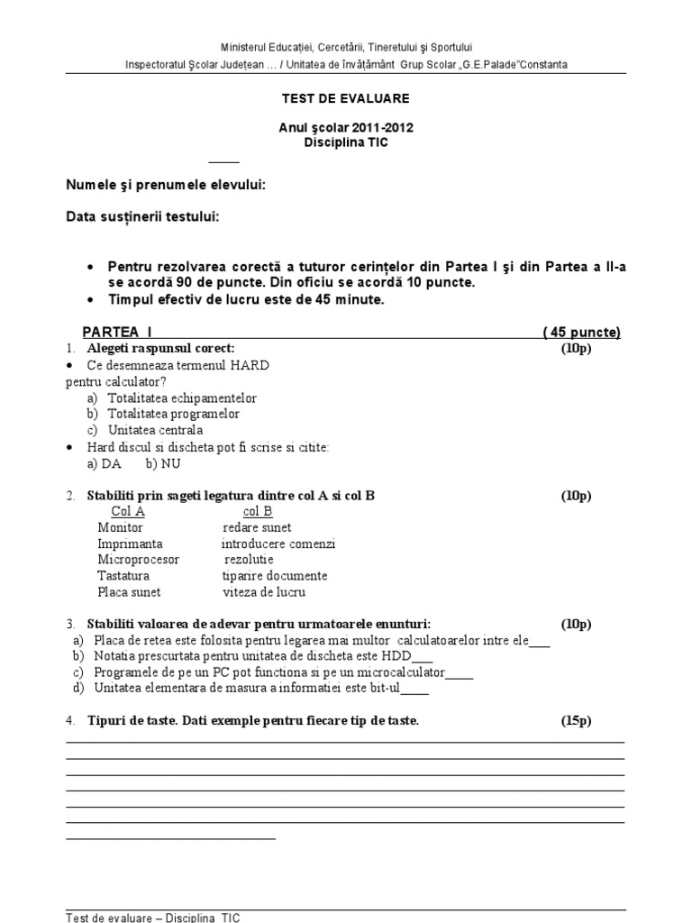 Test Evaluare Initiala IX TIC | PDF