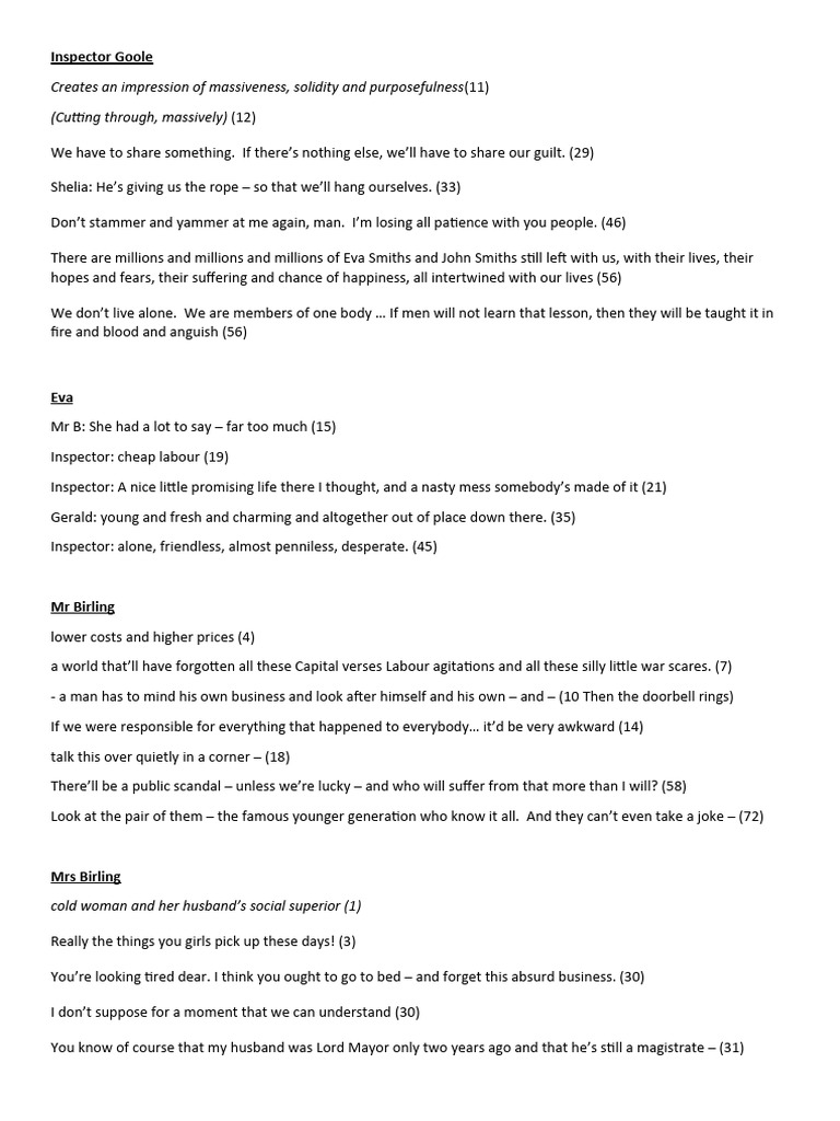 An Inspector Calls Key Quotations | PDF