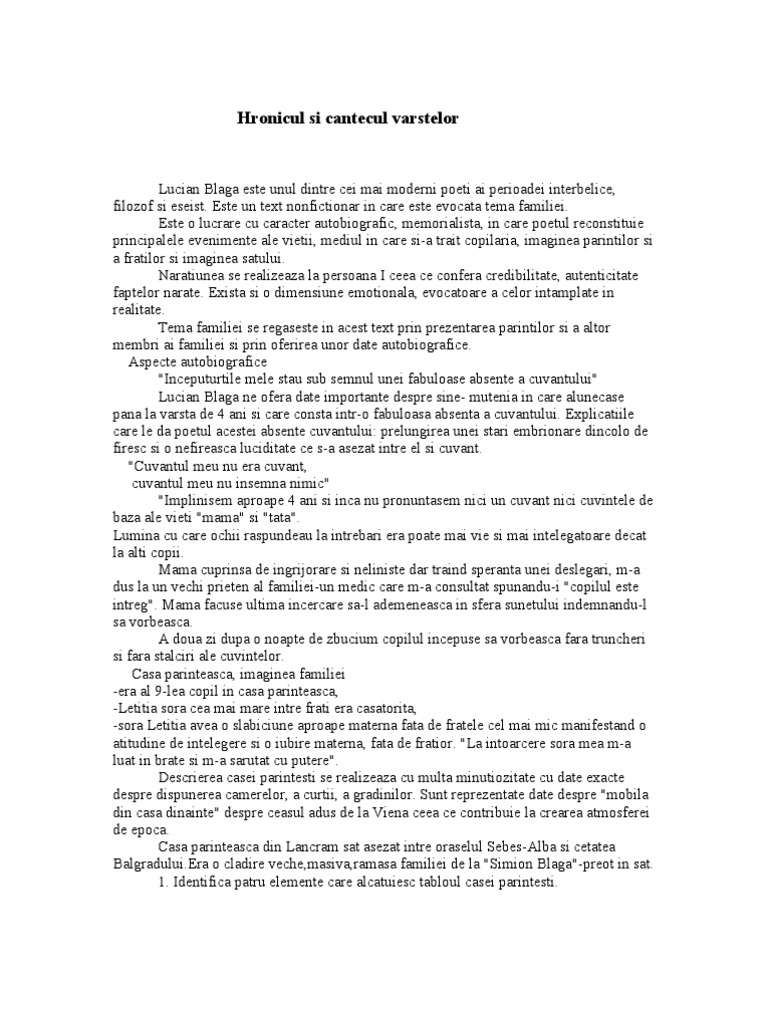 Hronicul Si Cantecul Varstelor Rezumat Hronicul Si Cantecul Varstelor | PDF