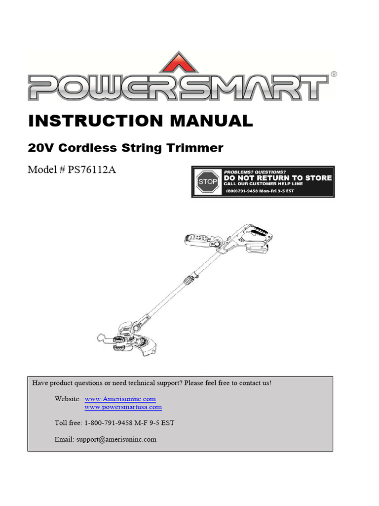 Instruction Manual: 20V Cordless String Trimmer | PDF | Rechargeable ...