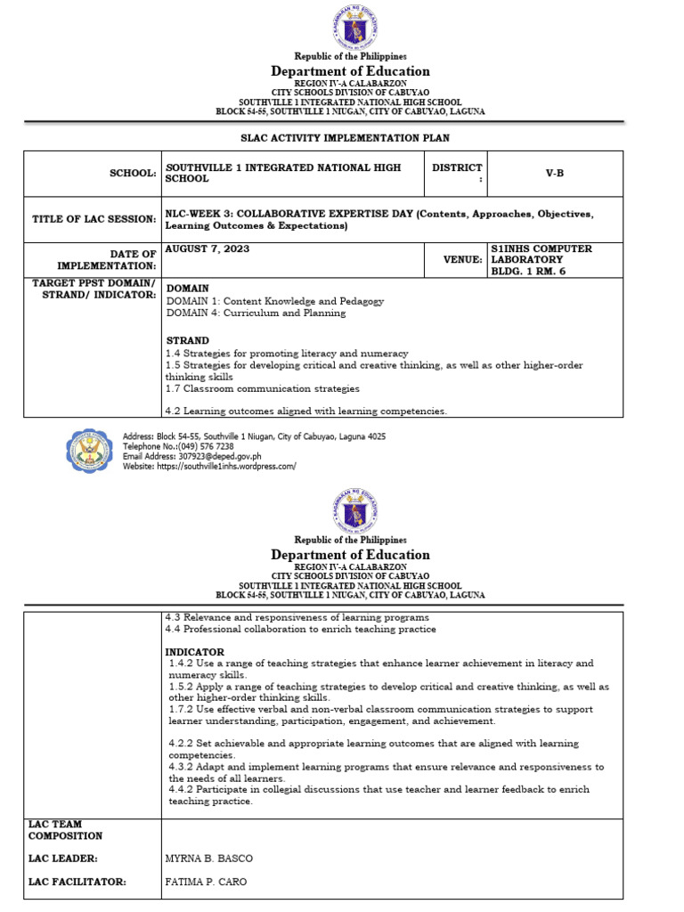 NLC2023 Week 1 Lac - Implementation Plan | PDF | Education Theory ...