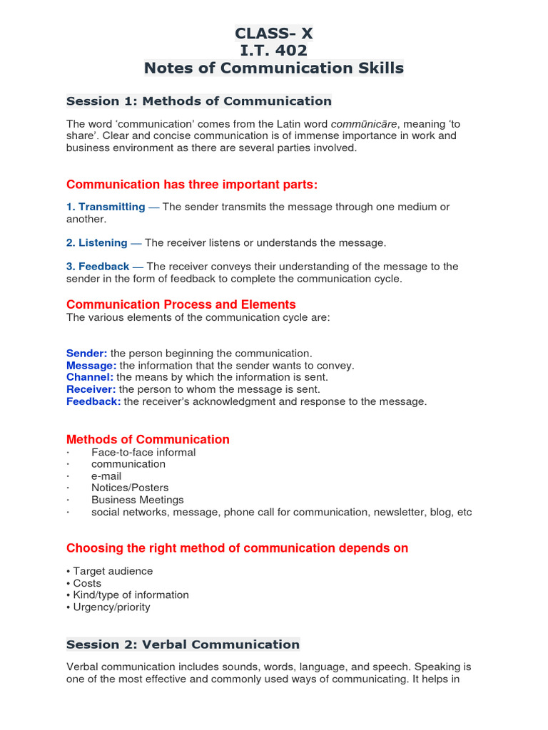 Class 10 Communication Skills Notes | PDF | Communication | Nonverbal ...
