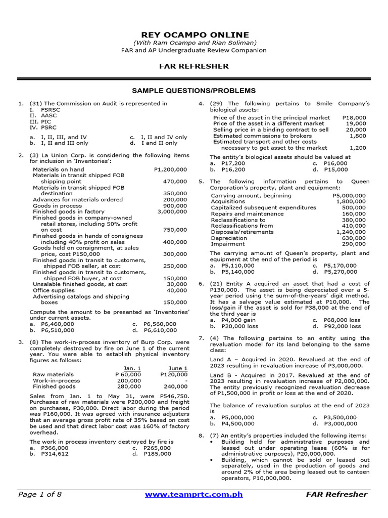 FAR Refresher Sample Questions | PDF | Dividend | Preferred Stock