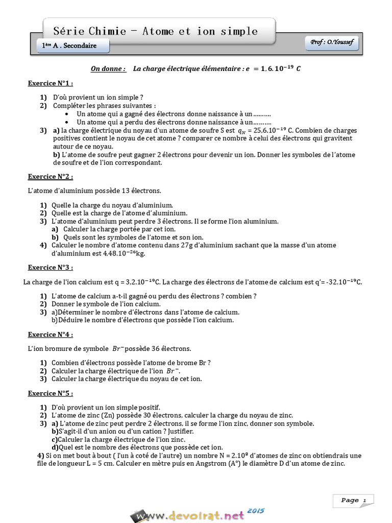 Exercices sur atomes et ions 3ème | PDF | Ion | Atomes