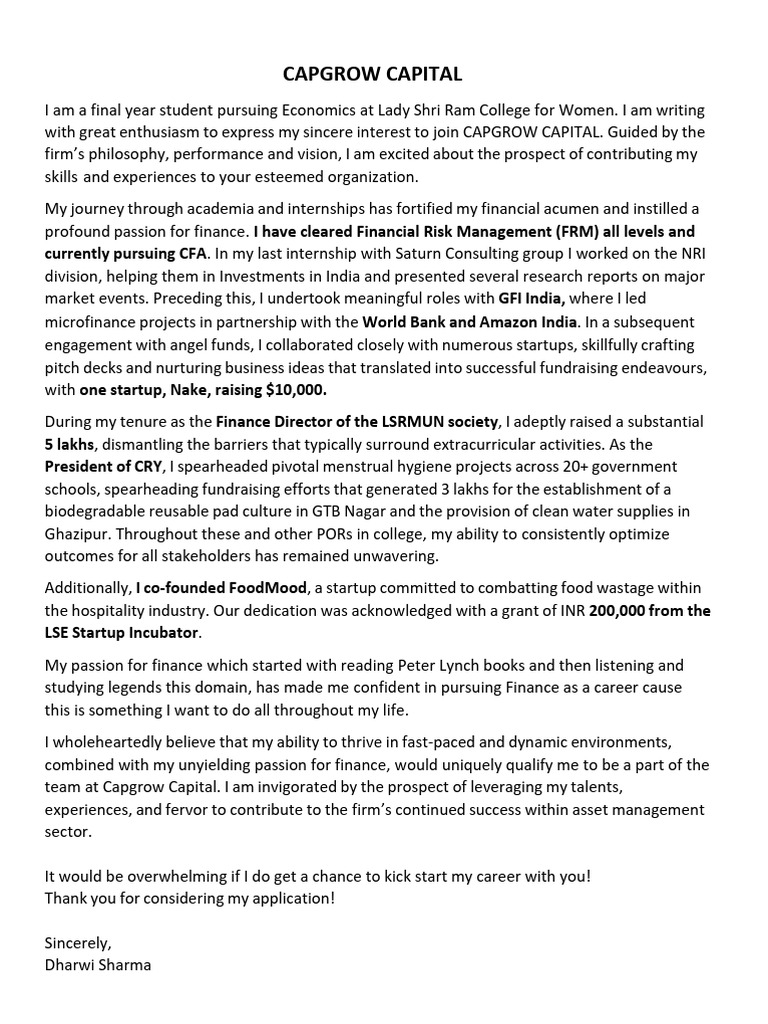 Application for Finance Role at Capgrow | PDF | Startup Company | Small ...