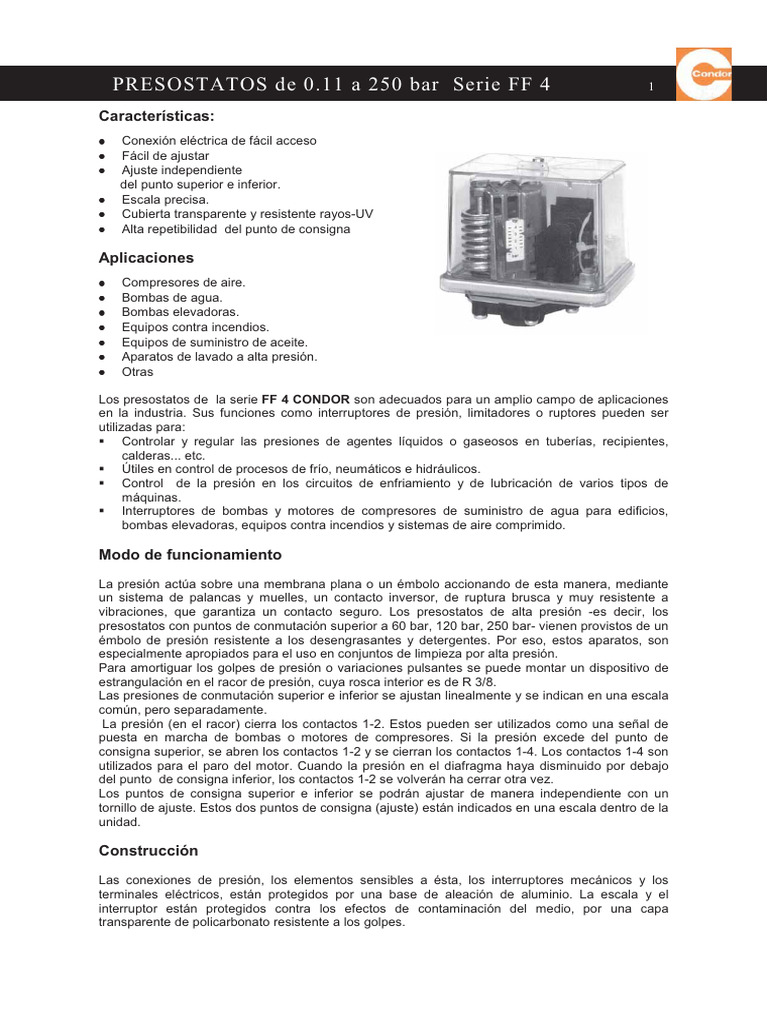 PER PRESSOSTATO CONDOR, 26AMP, 11GA2E, 100/125 PSI,1/4" FNPT,DPST