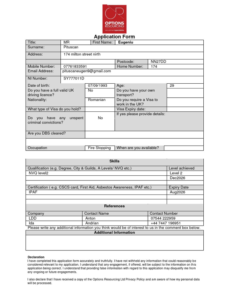Application Form for Employment | PDF