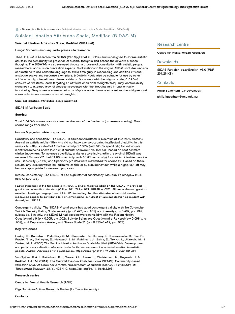 SIDAS-M: Modified Scale for Suicidal Ideation | PDF | Sensitivity And ...