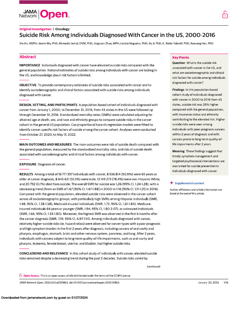 Suicide Risk Among Individuals Diagnosed With Cancer in The US, 2000 ...