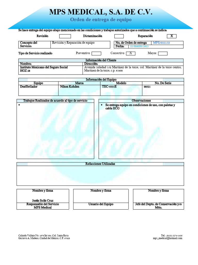 Formato Orden de Entrega de Equipo MPS Medical | PDF