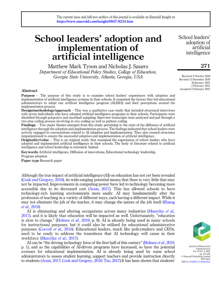School Leaders' Adoption and Implementation of Artificial Intelligence ...