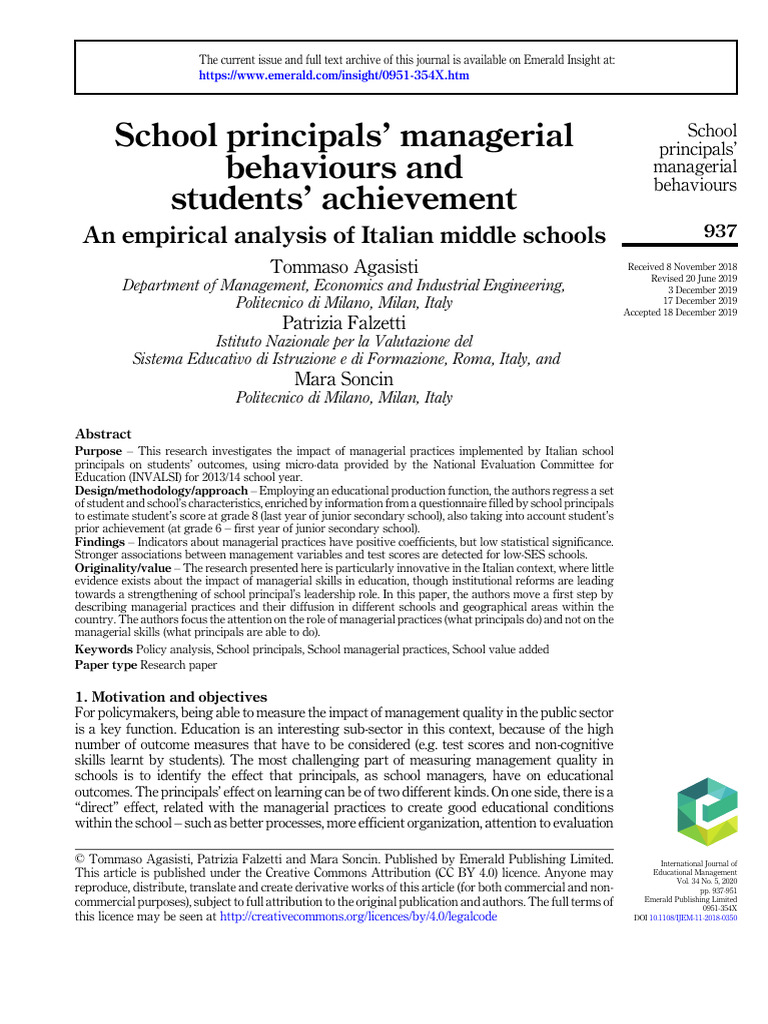 School Principals Managerial Behaviours And Students Achievement An