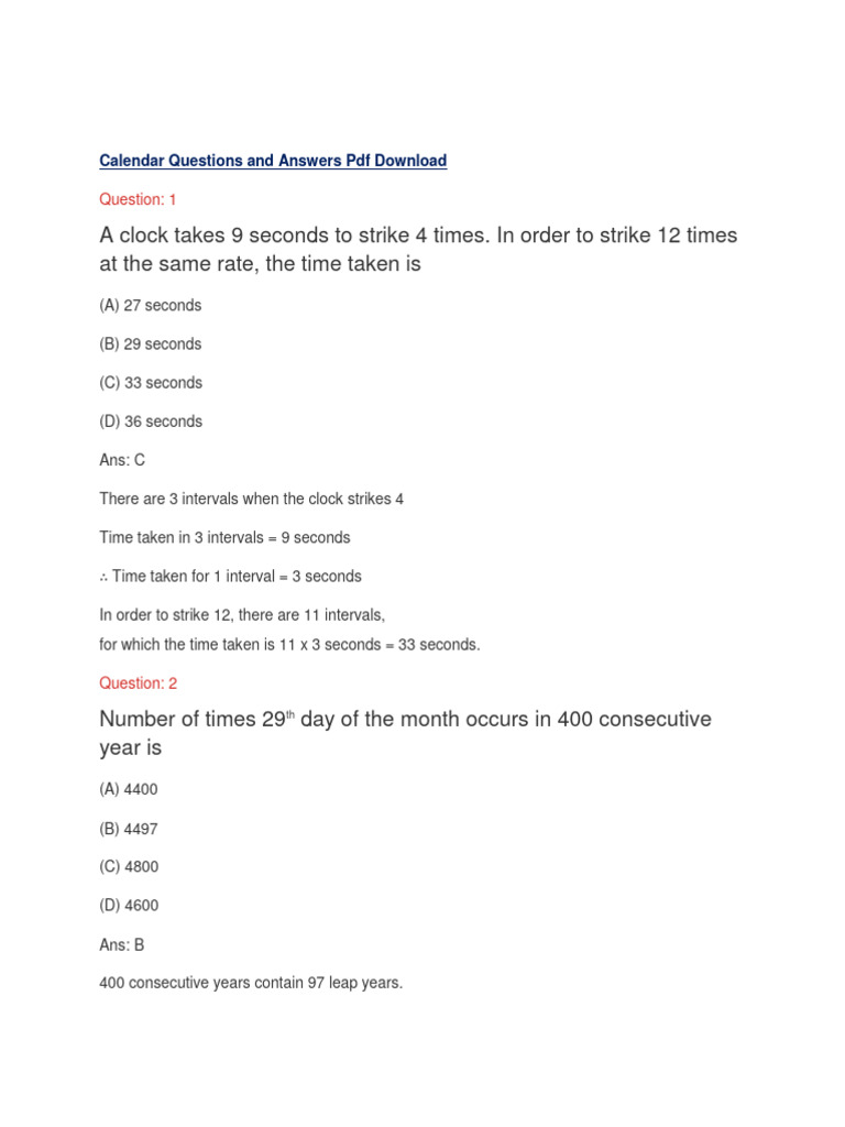 Calendar Aptitude Questions Answers PDF