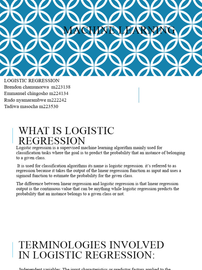 MACHINE LEARNING Presentation Logistic Regression | PDF | Logistic ...