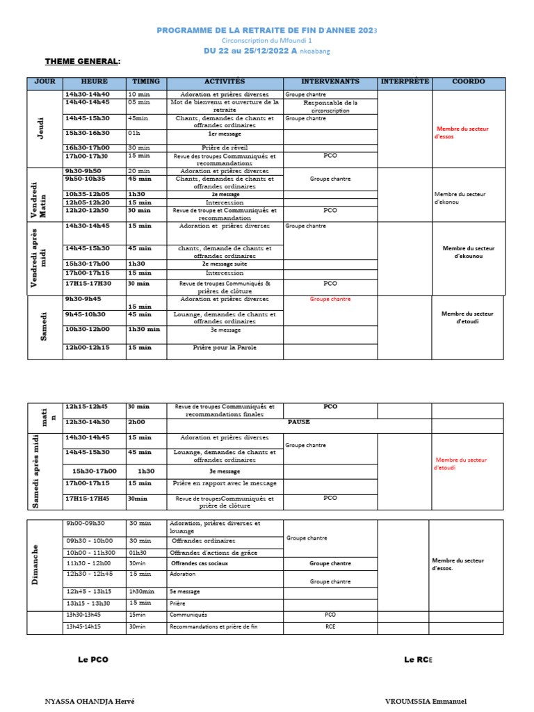 Programme Retraite Ankoabang 2022 | PDF | Prière | Concept de psychologie