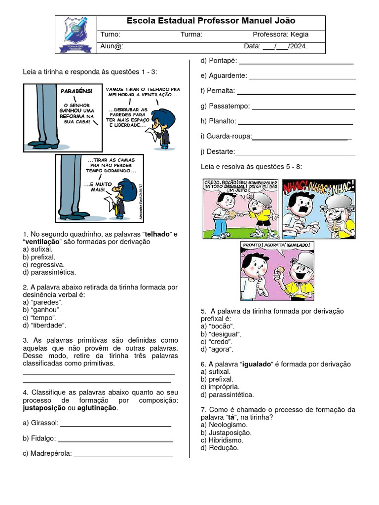 Atividade Sobre Formação de Palavras - 8º Ano e V Período | PDF ...