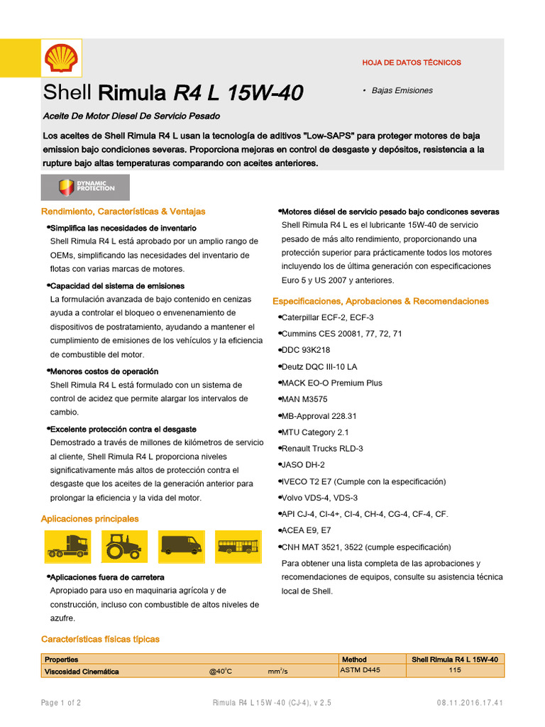 Aceite Shell Rimula R4 L 15W-40: Características | PDF | Motor diesel