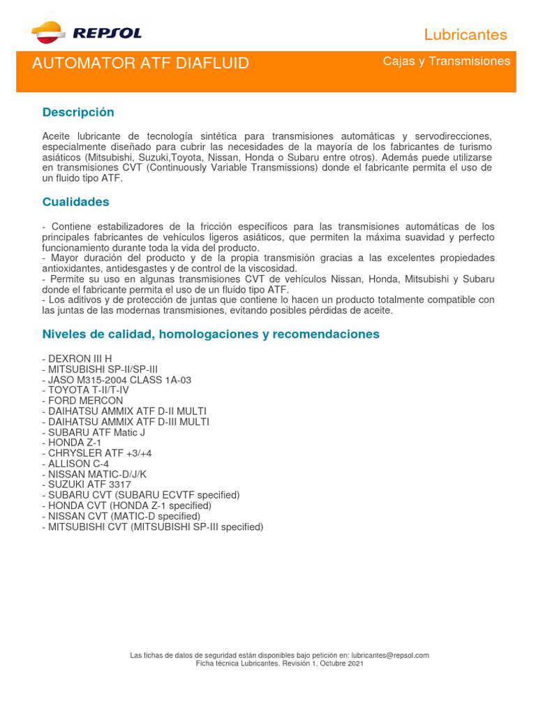 AUTOMATOR ATF DIAFLUID REPSOL | PDF | Lubricante | Transmisión automática