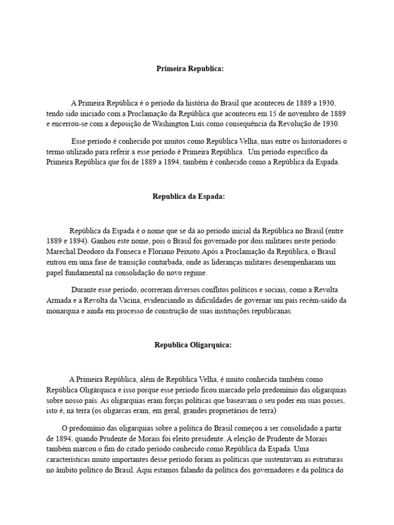 História da Primeira República no Brasil | PDF | Brasil