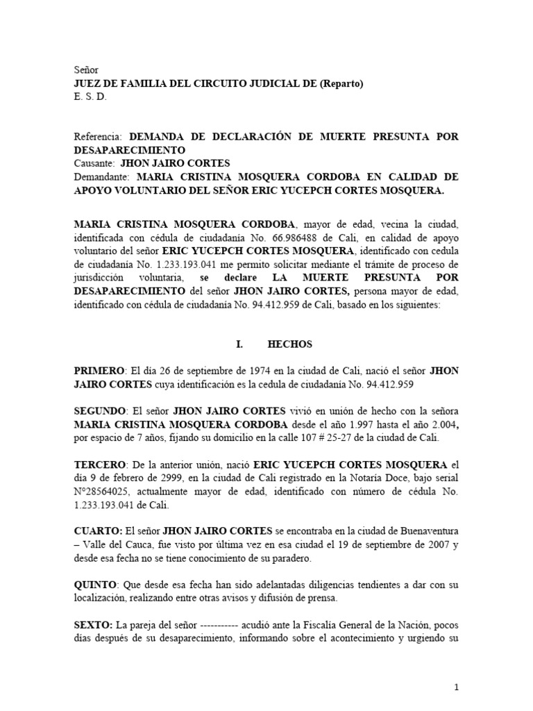 Demanda Declaracion de Muerte Presunta | Descargar gratis PDF