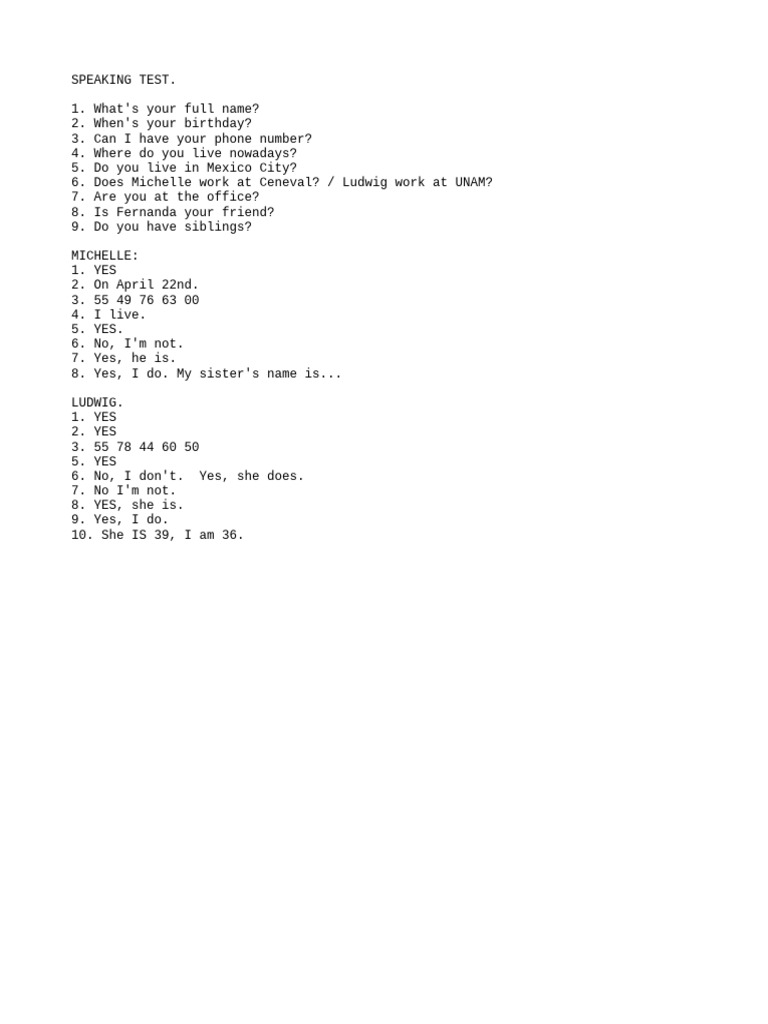 Speaking Test Questions and Answers | PDF