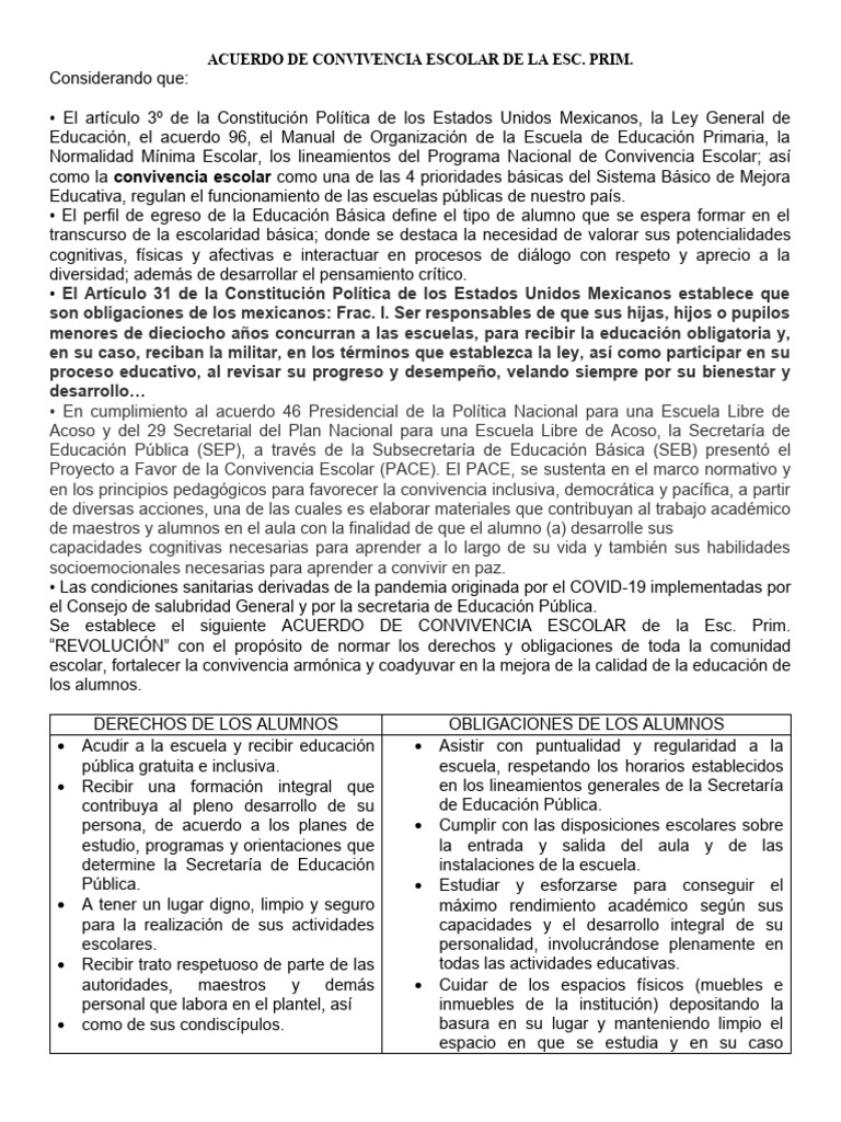 Acuerdo de Convivencia Escolar 2023 | PDF | Escuelas | Educación primaria