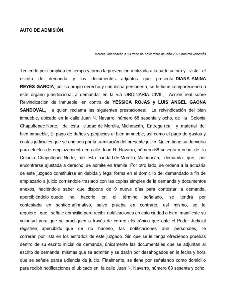 Admisión de Demanda de Reivindicación | PDF | Demanda judicial | Gobierno