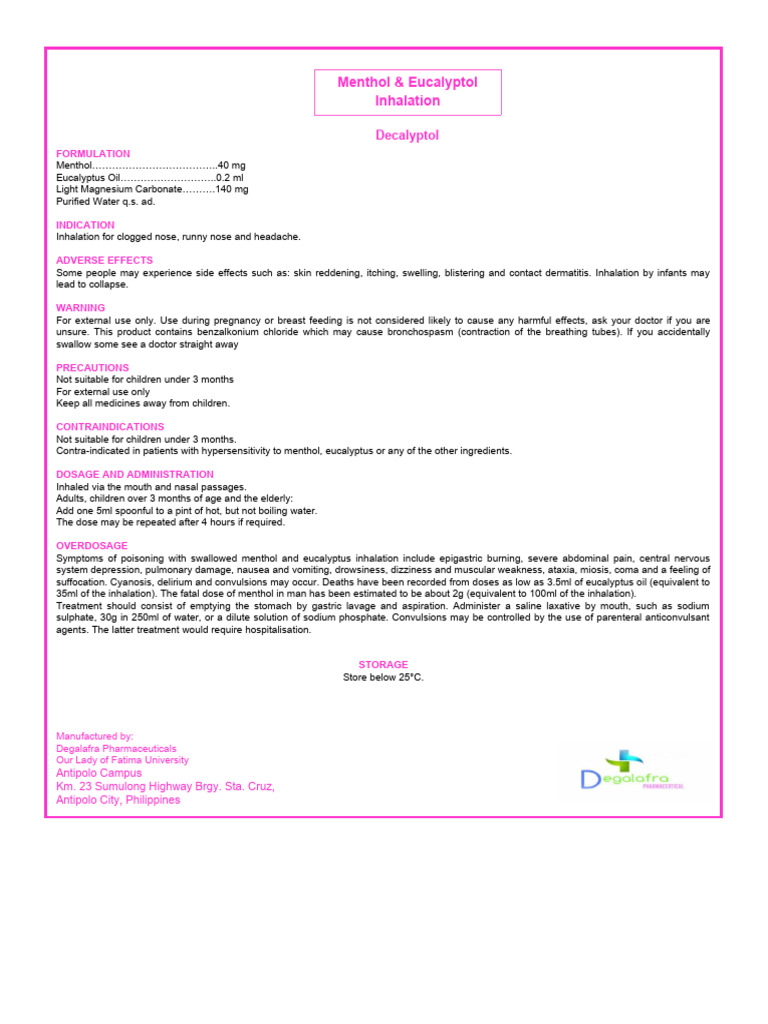 Menthol & Eucalyptus Inhalation Guide | PDF | Dose (Biochemistry ...