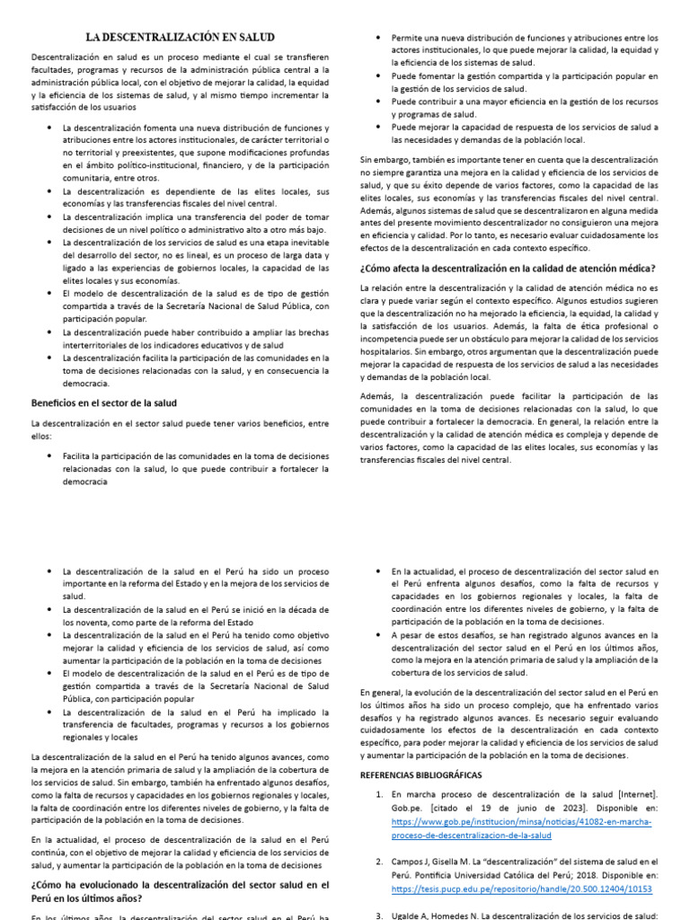 La Descentralización en Salud | PDF | Perú | Descentralización