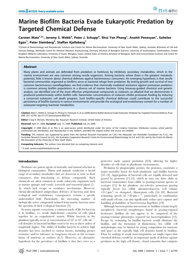 Matz Et Al 2008 (Biofilm Bacteria Evade Predation by Chemical Defense ...