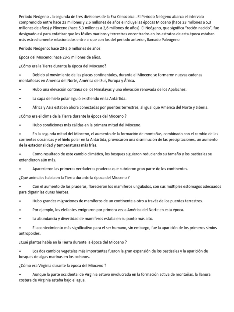Período Neógeno: Características y Cambios | PDF | Cuaternario | Era de ...