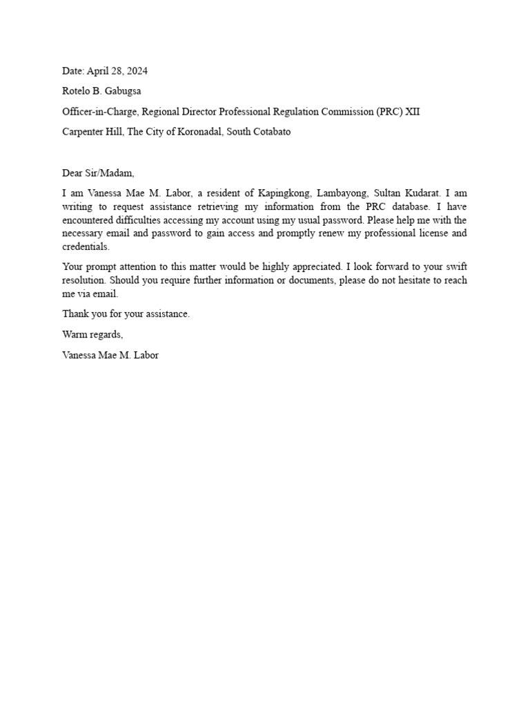 PRC Koronadal Assistance Request | PDF | Career & Growth | Wellness