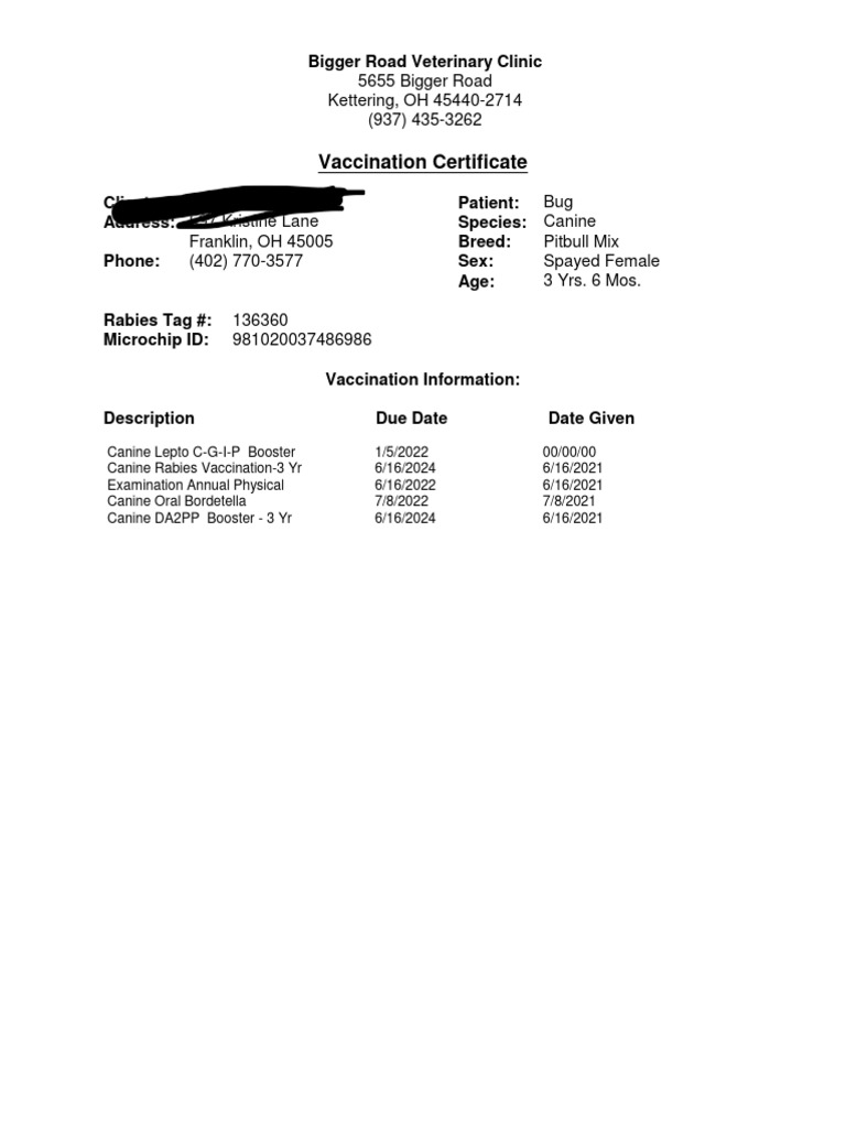 Vaccination Certificate 5655 Bigger Road Kettering, OH 454402714 (937