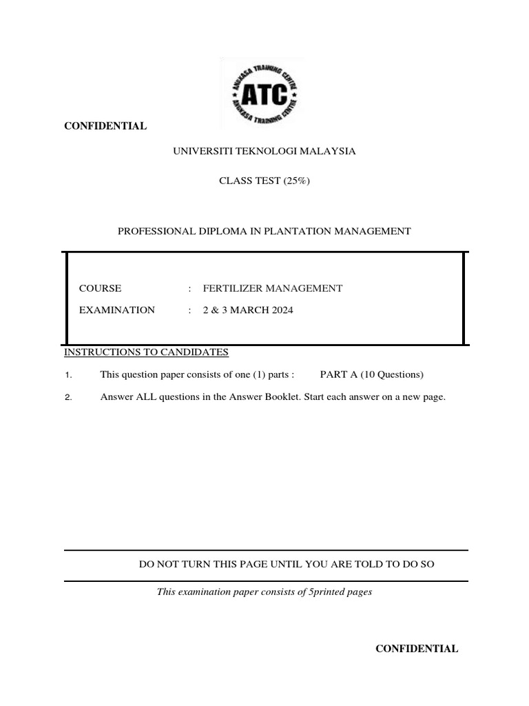 Class Test Fertilizer Management Hamdan Bin Mohd Noni | PDF