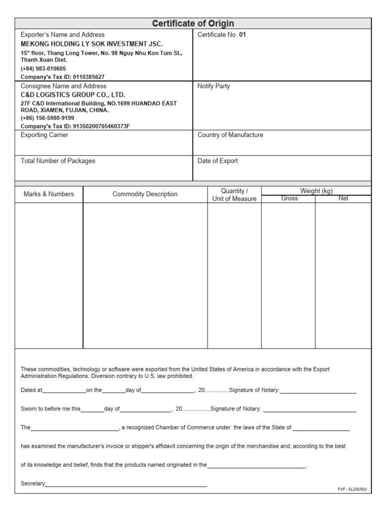 Certificate of Origin for Export Documentation | PDF