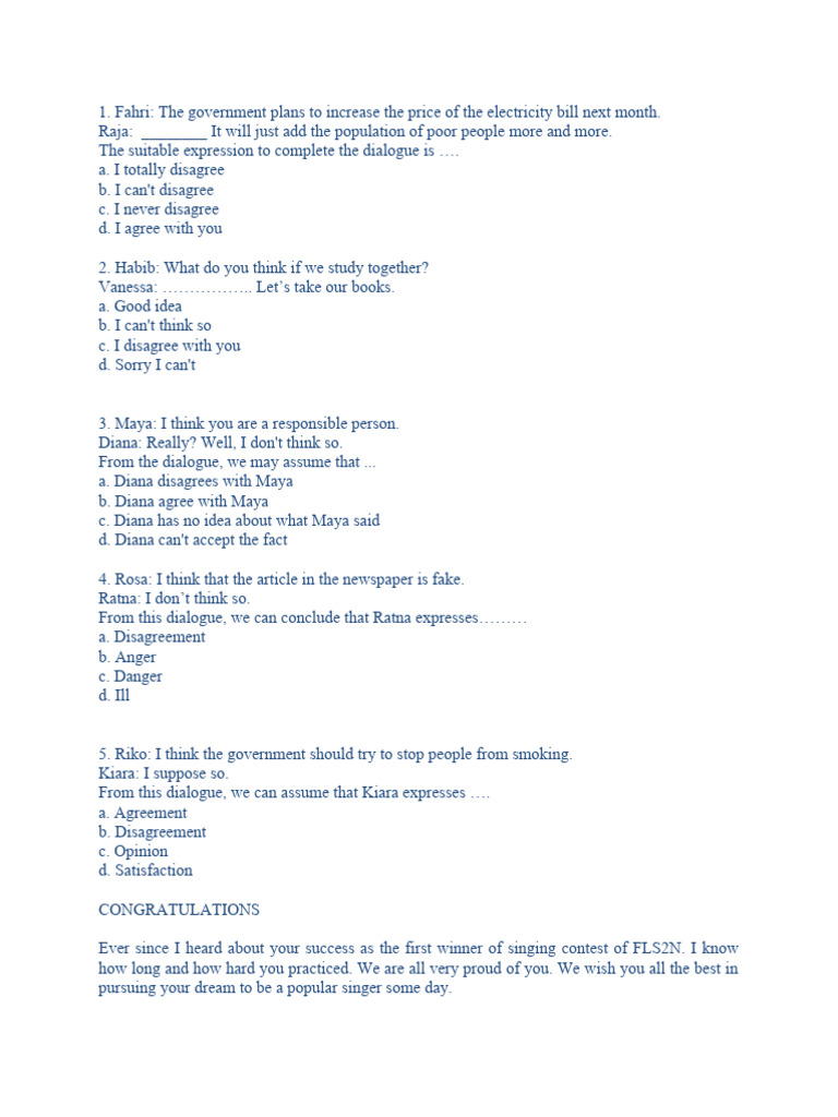 Dialogue Completion Exercises on Agreement | PDF | Social Science