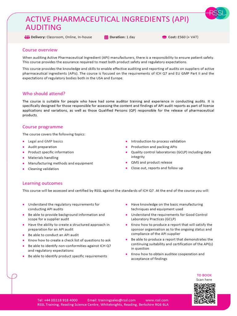 RSSL Training Active Pharmaceutical Ingredients Api Auditing | PDF ...