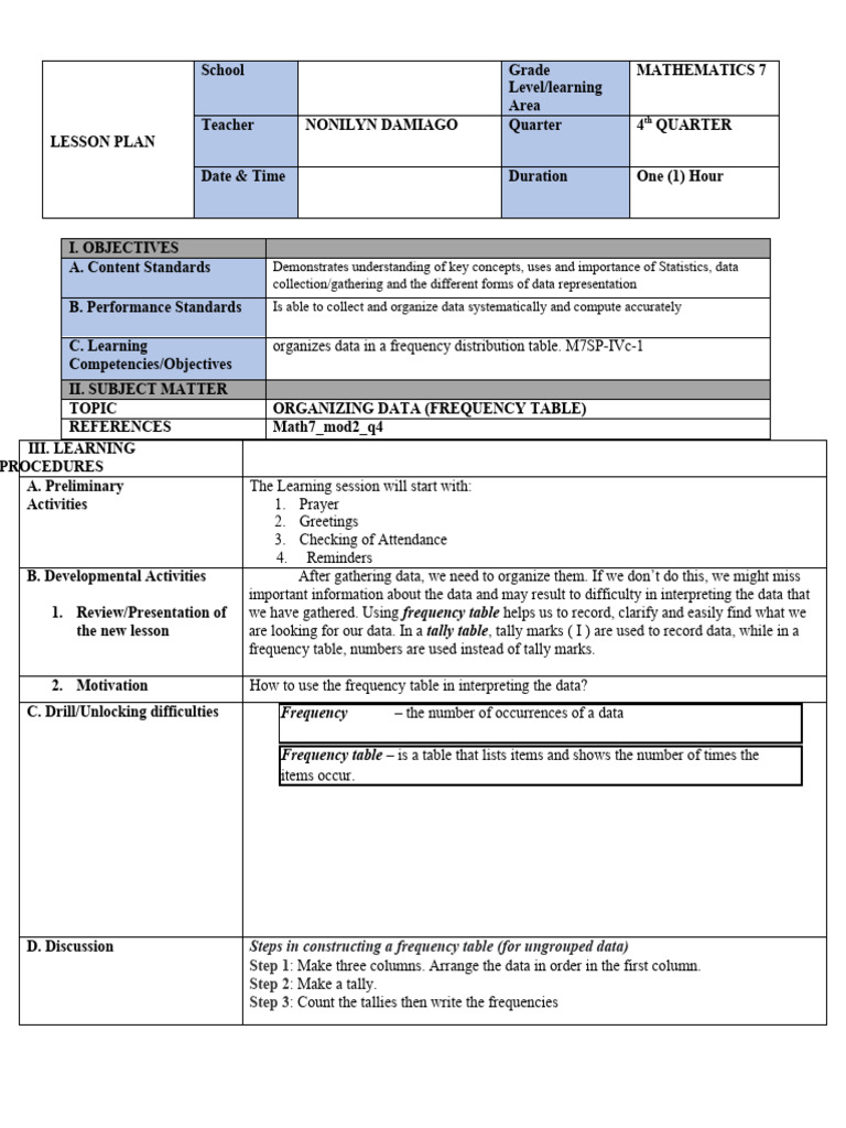 Grade 7 Frequency Table Lesson Plan | PDF | Learning | Data