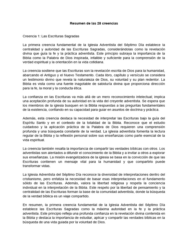 Resumen de Las 28 Creencias | PDF | Iglesia Adventista del Séptimo Día ...