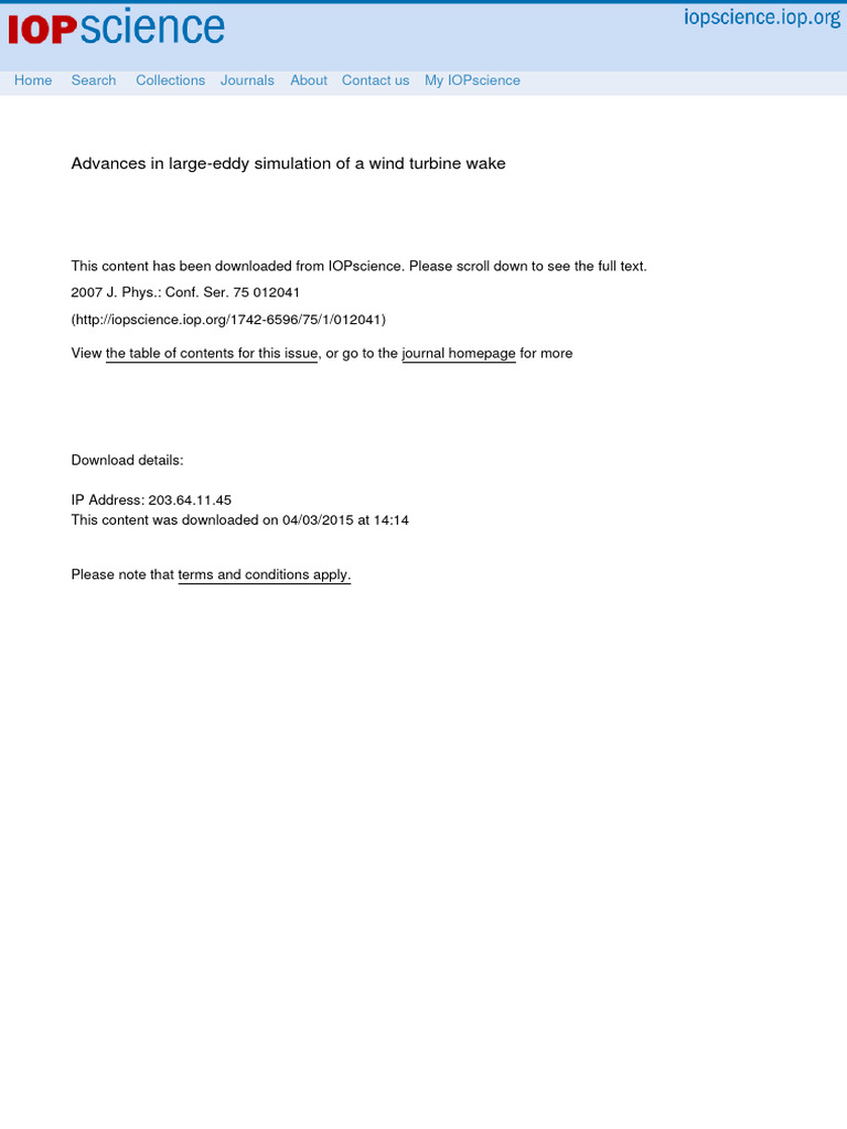 Large-Eddy Simulation of Wind Turbine Wake | PDF | Reynolds Number ...