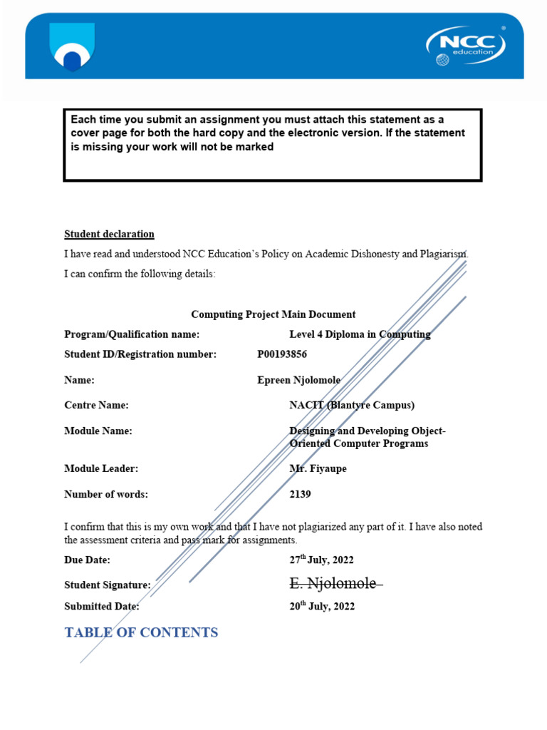 Student Declaration for Computing Project | PDF | Class (Computer ...