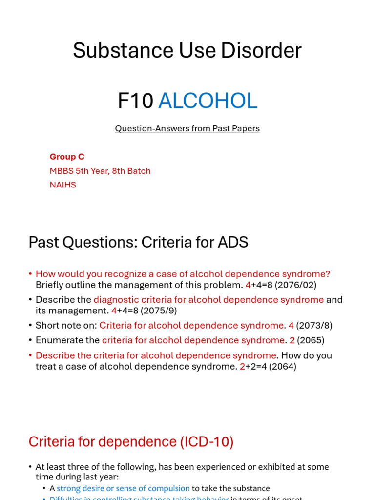 Substance Use Disorder F10: Alcohol | PDF | Substance Dependence ...
