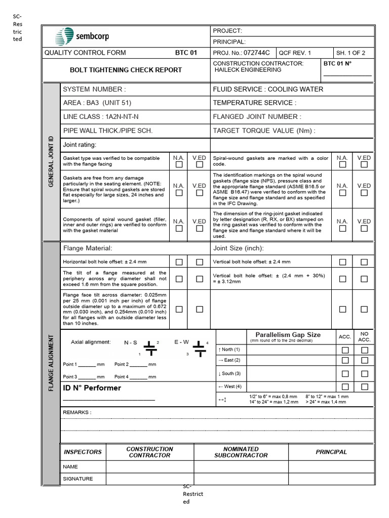 Bolt Tightening Check Report BTC-01 | PDF | Pipe (Fluid Conveyance ...