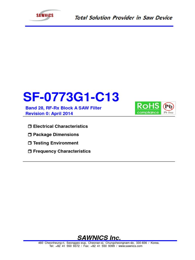 Band 28 RF-Rx SAW Filter Data Sheet | PDF | Electrical Engineering ...