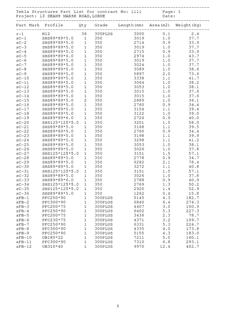 Tekla Structures Part List Lorne | PDF