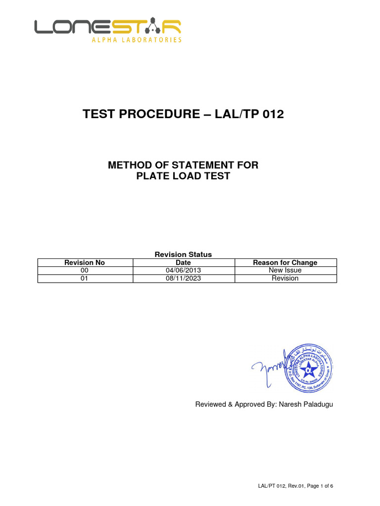 Plate Load Test Method Statement | PDF | Calibration | Road Surface