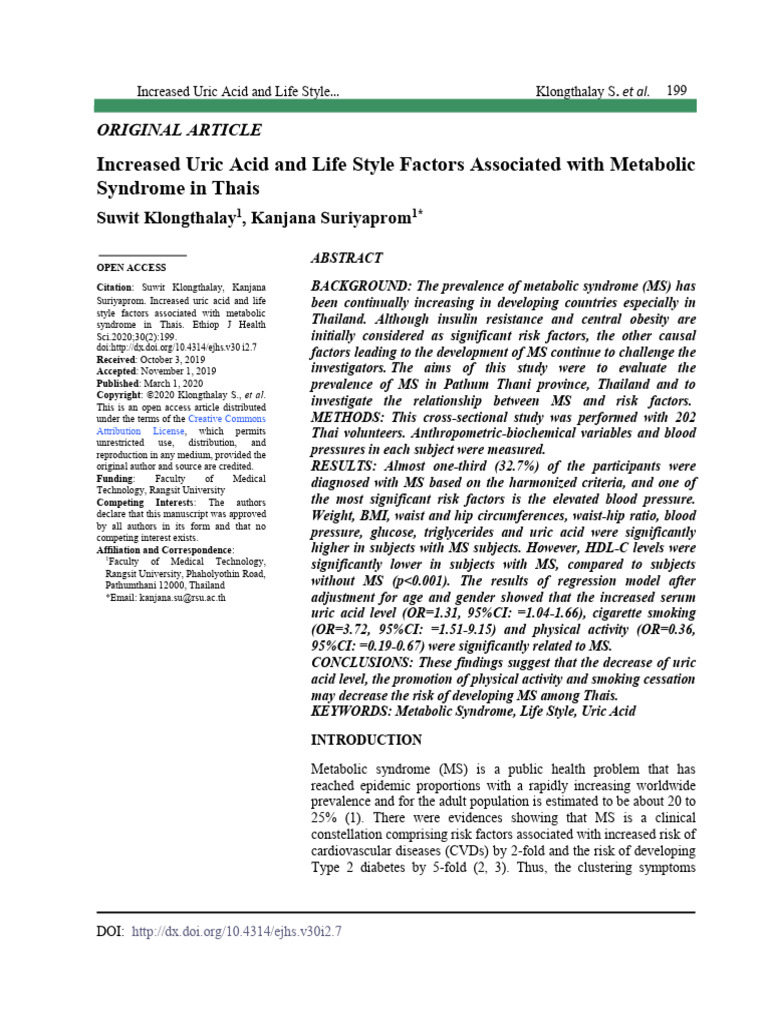 Increased Uric Acid and Life Style Factors Associated Wit | PDF ...